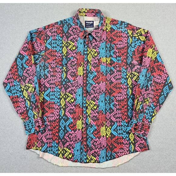 Vintage Wrangler Aztec Brushpopper Western Shirt X-Long Tail 17-35 Cowboy Cut - Picture 1 of 13